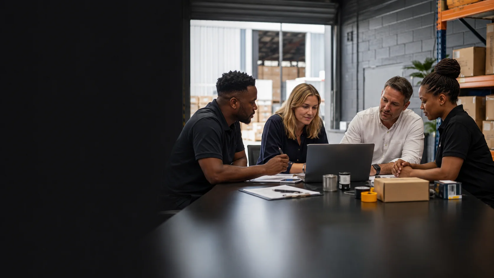 A diverse sales and logistics team discussing a product requirement