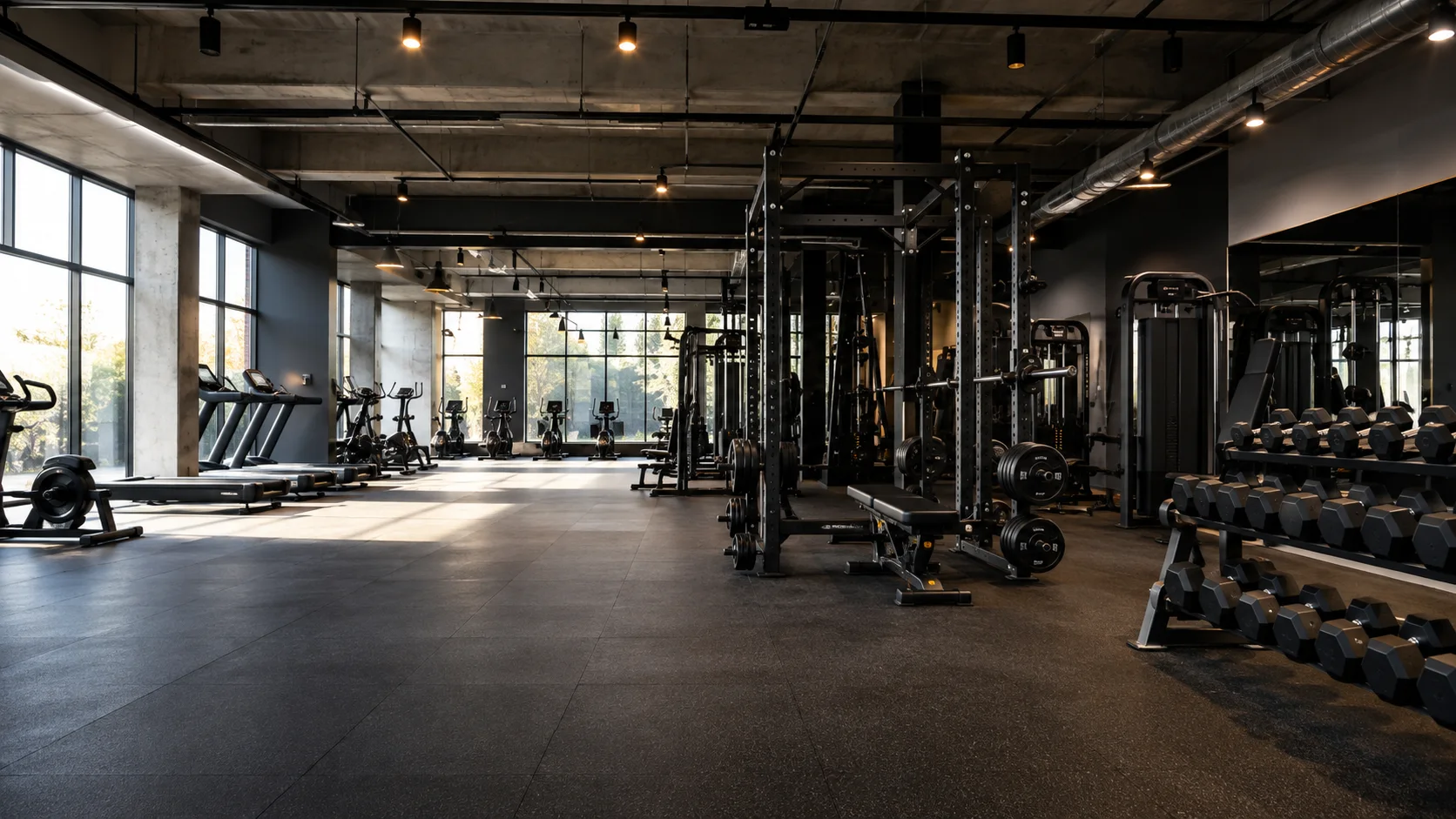 Commercial gym floor with strength, free-weight and cardio equipment