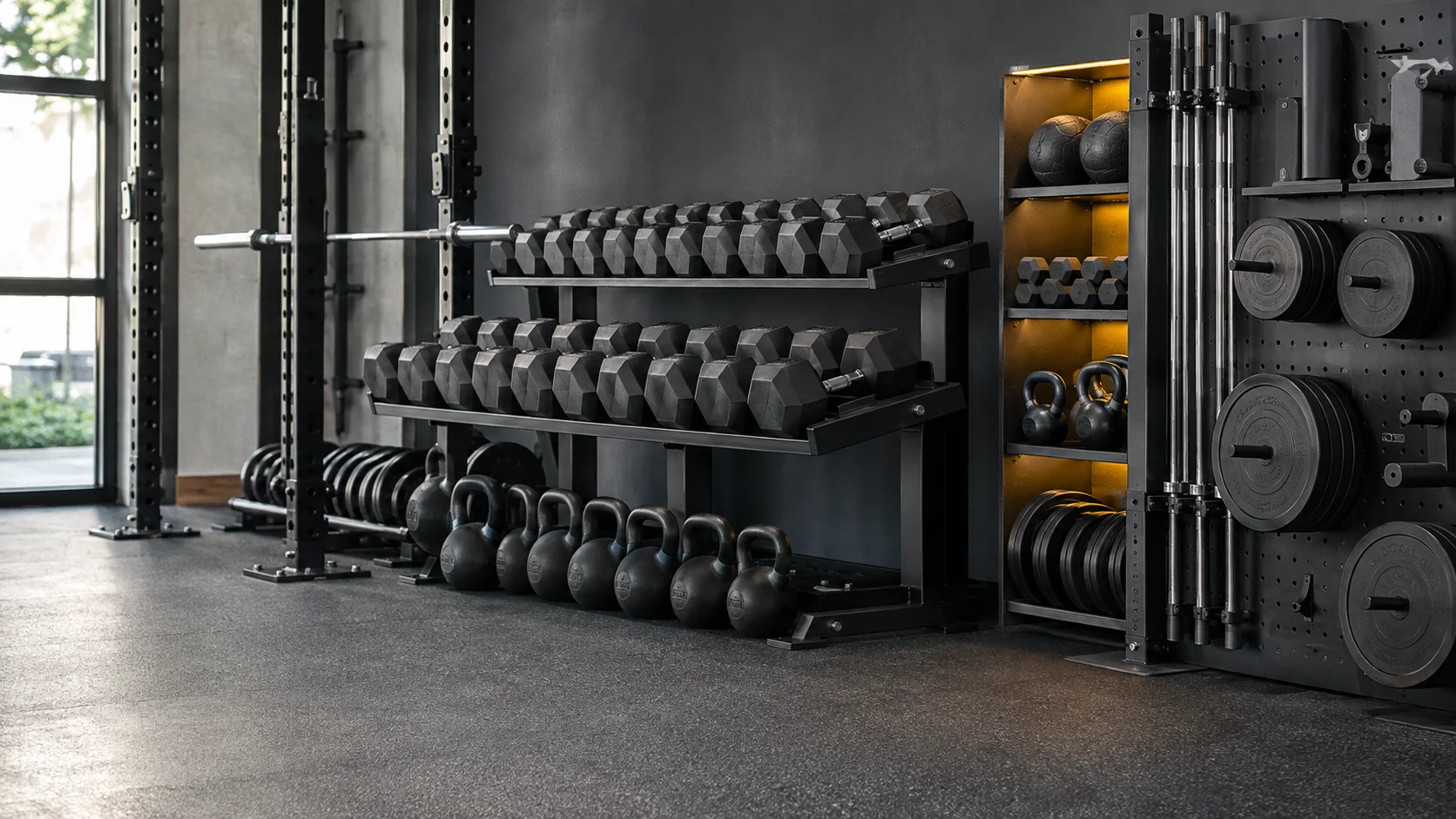 Organised racks of dumbbells, kettlebells, bars and weight plates
