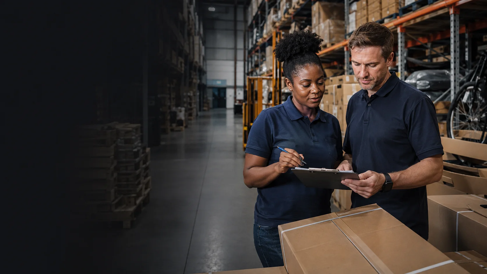 Two members of a warehouse team reviewing incoming stock