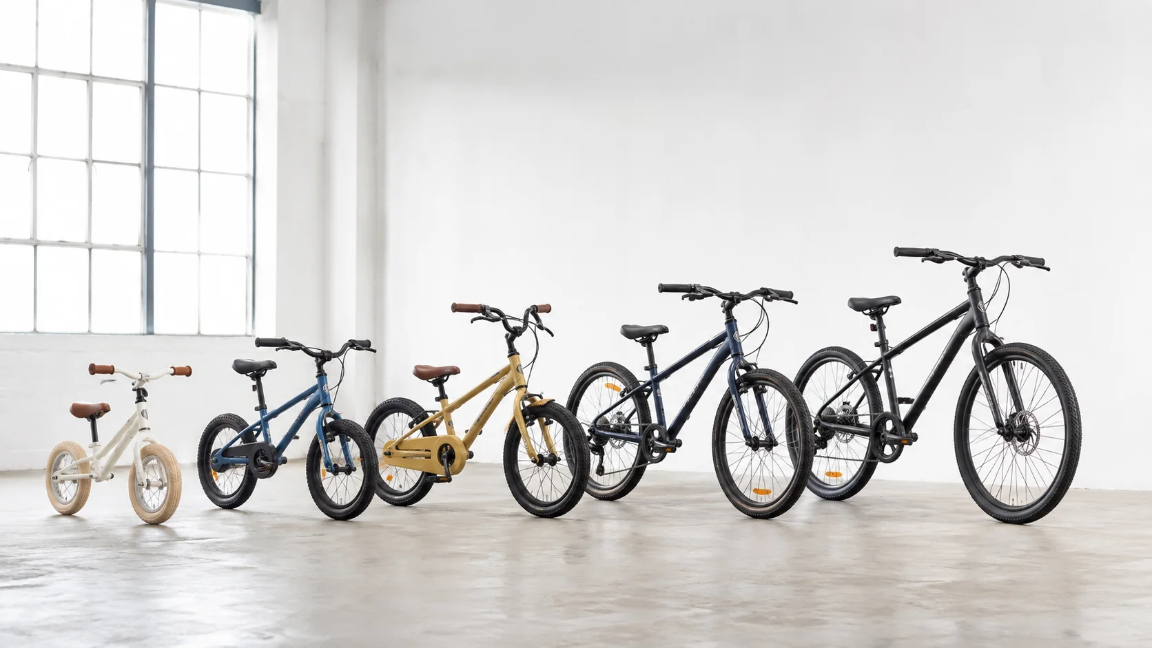 A range of children's bicycles arranged from smaller to larger frames