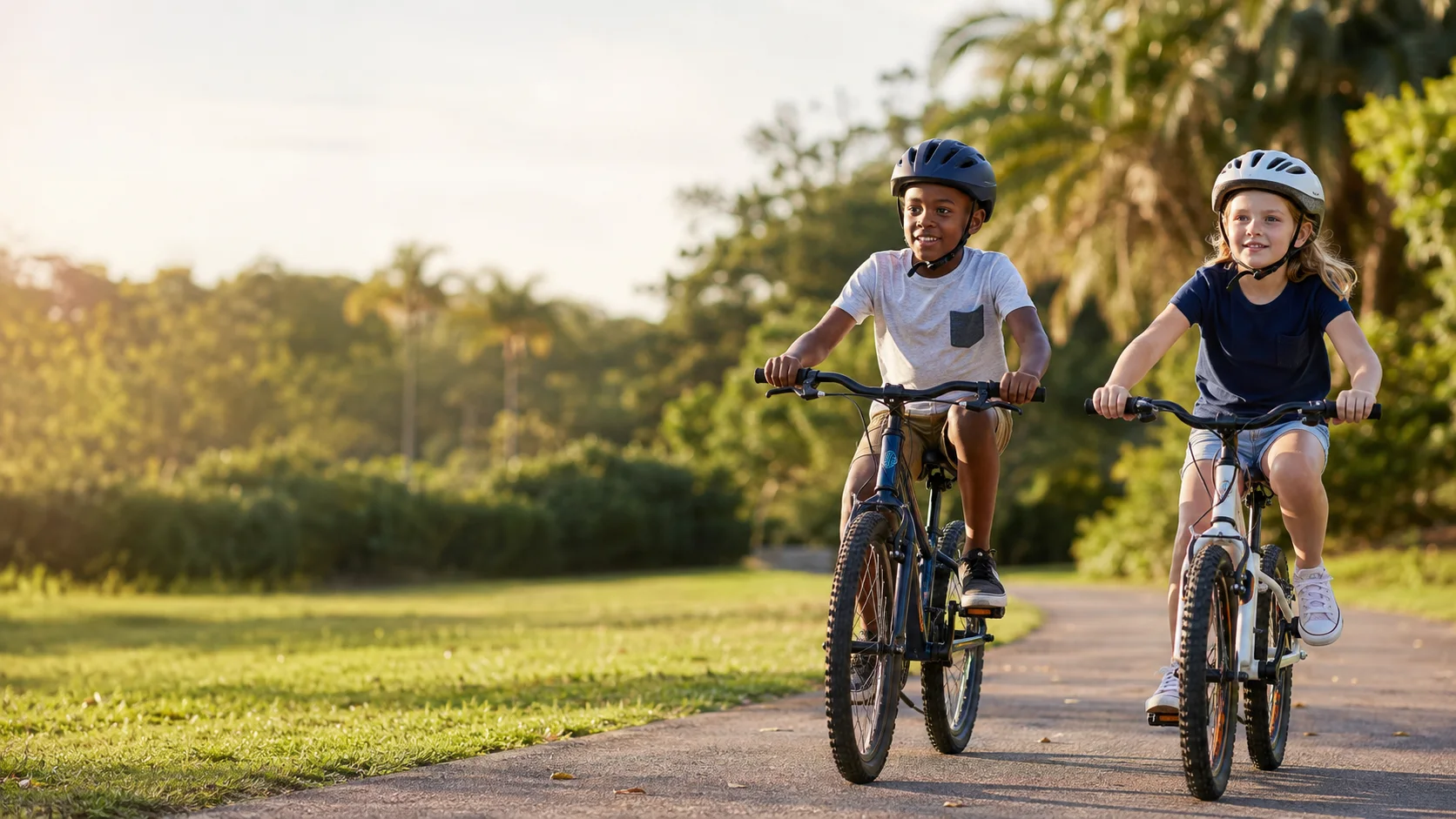 A Black child and a white child riding bicycles together while wearing helmets