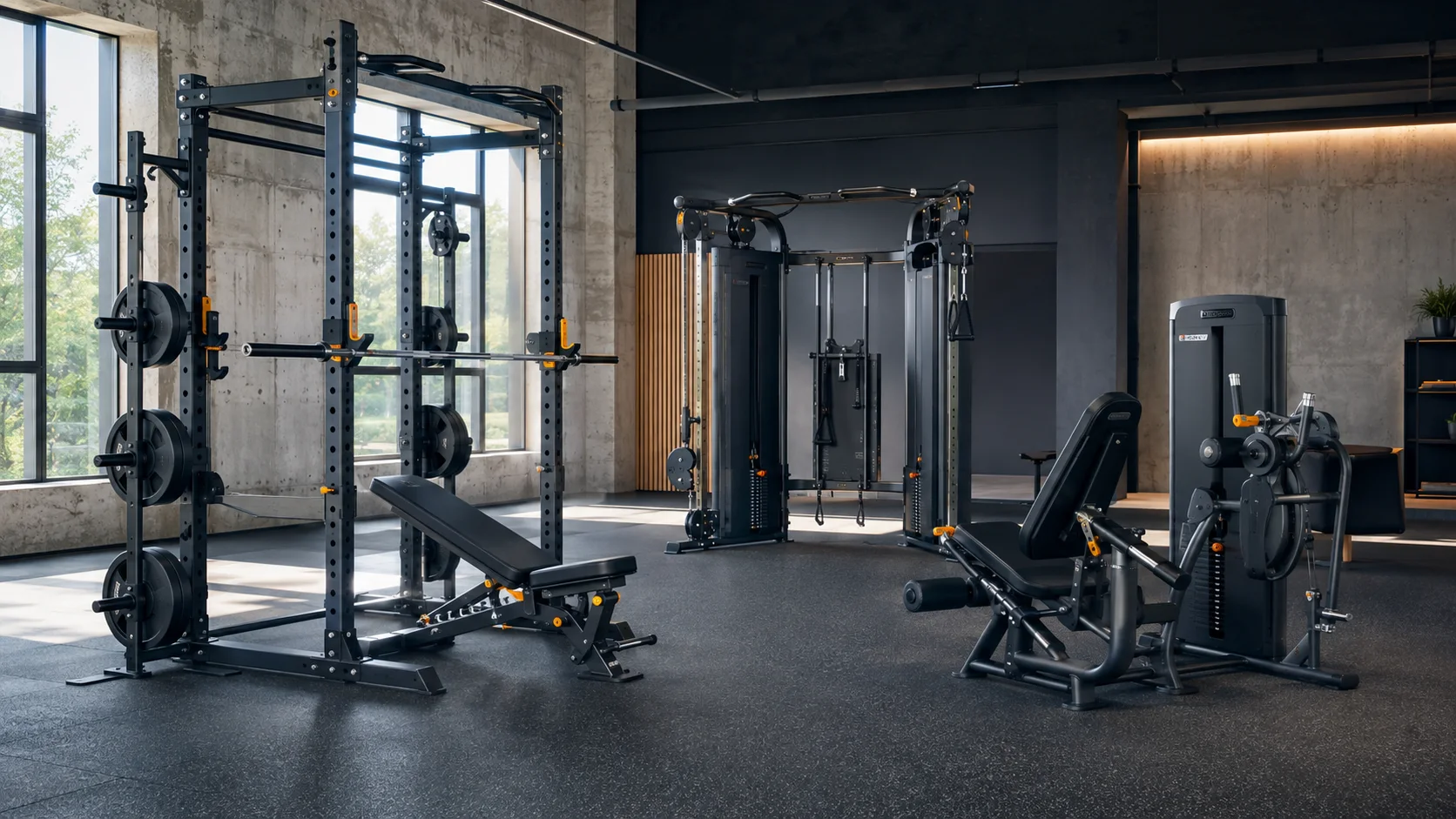 Power rack, bench and strength machines on a commercial gym floor